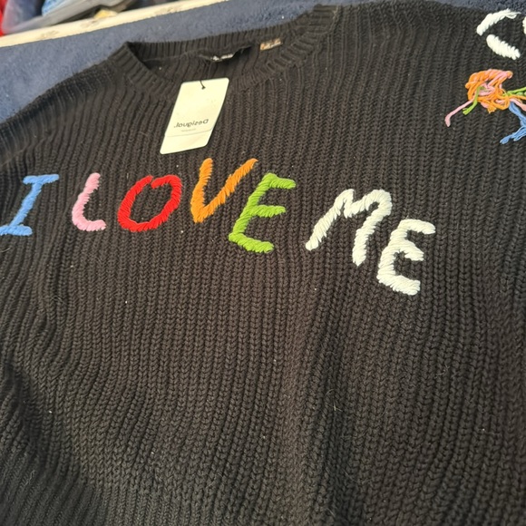 NWT DESIGUAL Sz L Black Sweater Pullover I LOVE ME Yarn sewed msg L@@K! Z44 - Picture 2 of 7